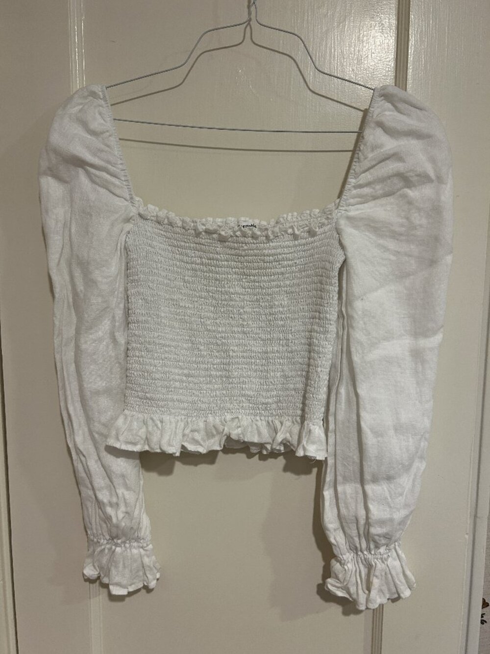 Reformation White Smocked Square-Neck Puff Sleeve Crop Top M
